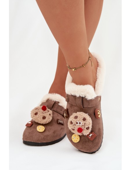 Women's slippers with decorations and buckle lined with fur brown Thalora