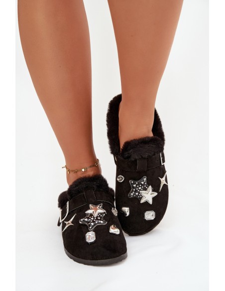 Women's slippers with decorations and buckle lined with fur black Thalora