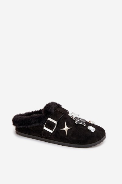 Women's slippers with decorations and buckle lined with fur black Thalora 2