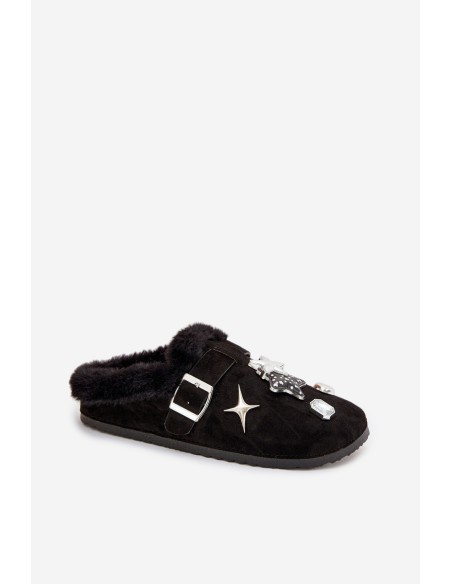 Women's slippers with decorations and buckle lined with fur black Thalora