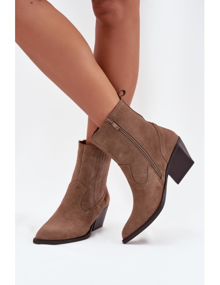 Suede Cowboy Ankle Boots Women's Heeled Insulated Khaki Dylira