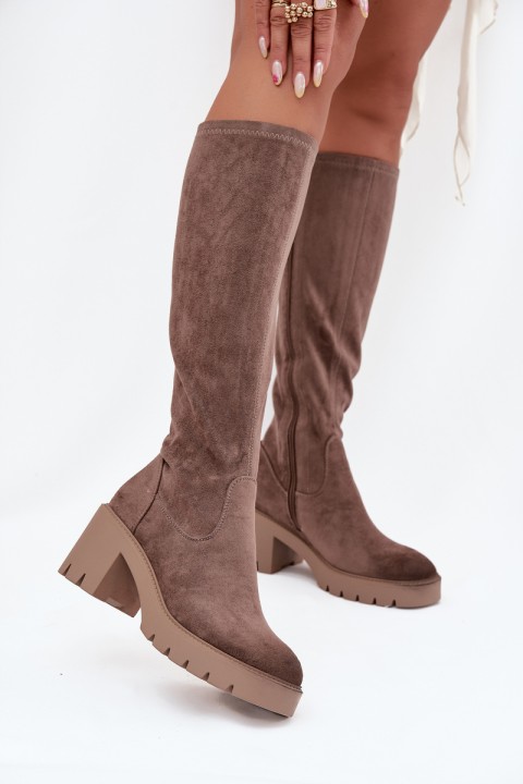Knee-high eco suede boots on a heel Vinceza 58332 dark beige
