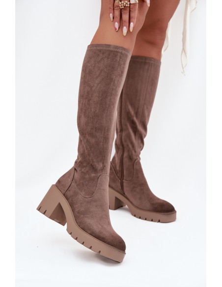 Knee-high eco suede boots on a heel Vinceza 58332 dark beige