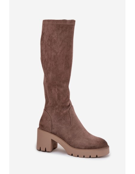 Knee-high eco suede boots on a heel Vinceza 58332 dark beige