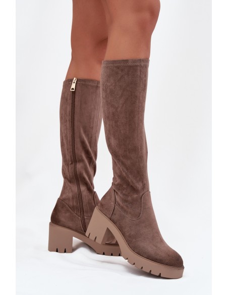 Knee-high eco suede boots on a heel Vinceza 58332 dark beige