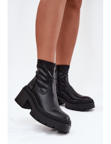 Moteriški aulinukai iki kulno su storu kulnu ir platforma, eko oda, juodos spalvos, Elvianne