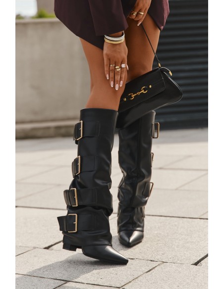 Women's heeled boots with turned upper and gold buckles Black Isavelle