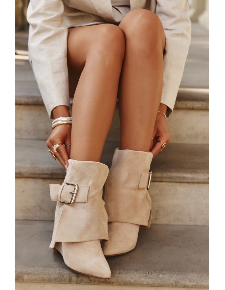 Platform ankle boots with turned-up shaft and buckle eco suede beige Vortinia