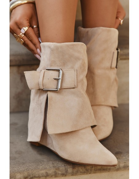 Platform ankle boots with turned-up shaft and buckle eco suede beige Vortinia