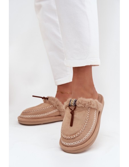 Women's slippers with fur and embroidery Beige Perivelle