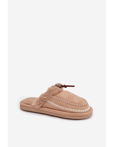 Women's slippers with fur and embroidery Beige Perivelle