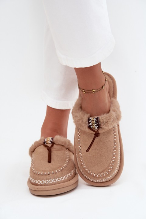 Women's slippers with fur and embroidery Beige Perivelle