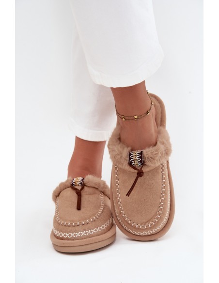Women's slippers with fur and embroidery Beige Perivelle