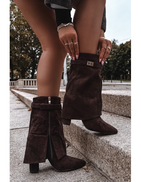 Šilti moteriški aulinukai su kulniuku ir dekoratyviniu dirželiu šokolado spalvos „Luvielle“