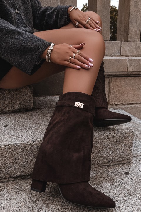 Šilti moteriški aulinukai su kulniuku ir dekoratyviniu dirželiu šokolado spalvos „Luvielle“