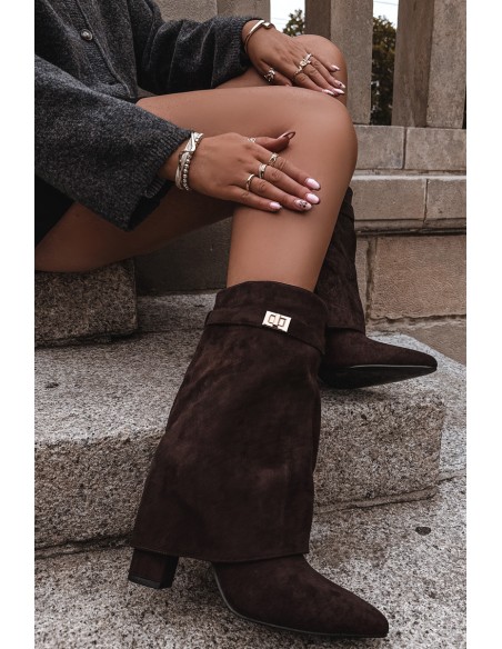 Šilti moteriški aulinukai su kulniuku ir dekoratyviniu dirželiu šokolado spalvos „Luvielle“