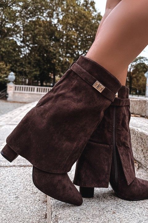 Šilti moteriški aulinukai su kulniuku ir dekoratyviniu dirželiu šokolado spalvos „Luvielle“