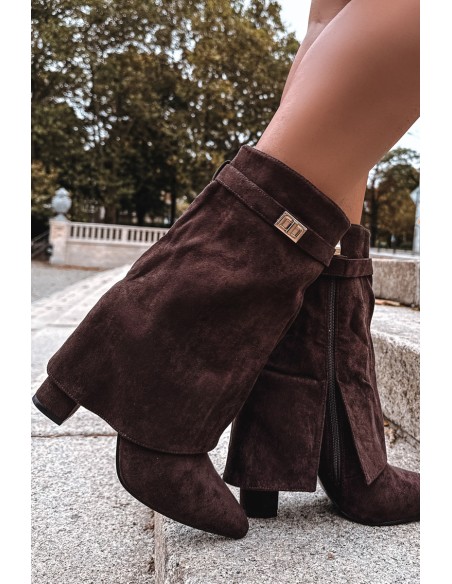 Šilti moteriški aulinukai su kulniuku ir dekoratyviniu dirželiu šokolado spalvos „Luvielle“