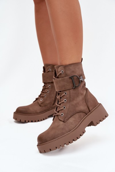 Women's Workery Boots with Lining with Decorative Strap Dark Beige Ulivine