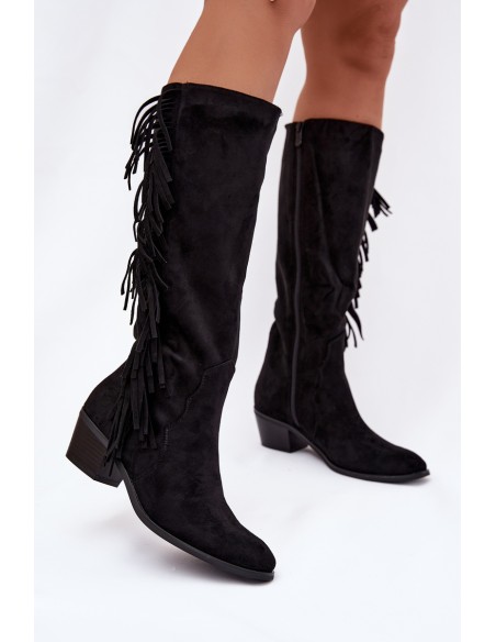 Women's heeled boots with fringes insulated black Firlina