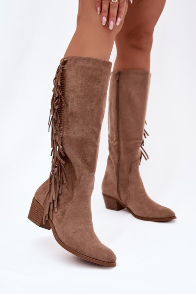 Women's cowboy boots with heels with fringes lined khaki Firlina