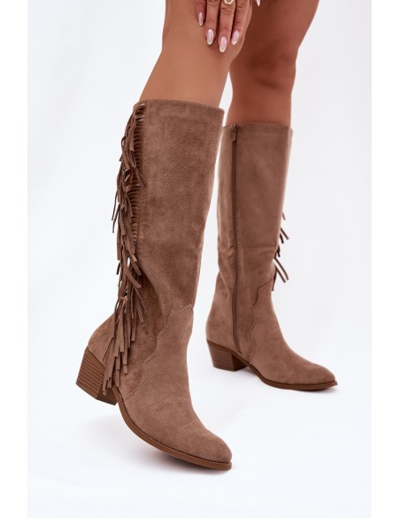 Women's cowboy boots with heels with fringes lined khaki Firlina