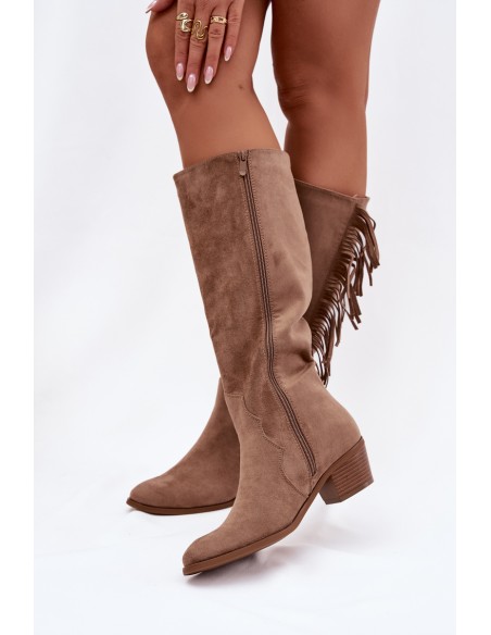 Women's cowboy boots with heels with fringes lined khaki Firlina
