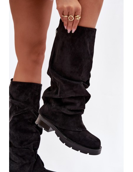 Women Ankle Boots Insulated Slip On With Wrinkled Shaft Black Ilvessa