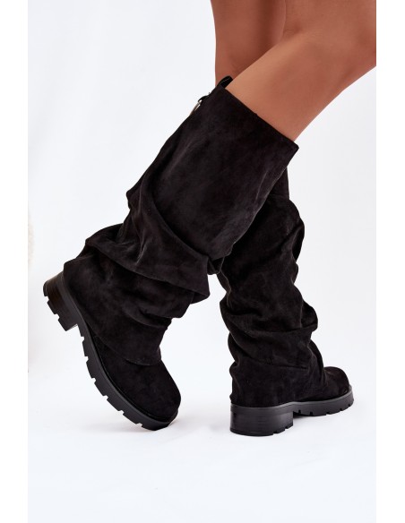 Women Ankle Boots Insulated Slip On With Wrinkled Shaft Black Ilvessa