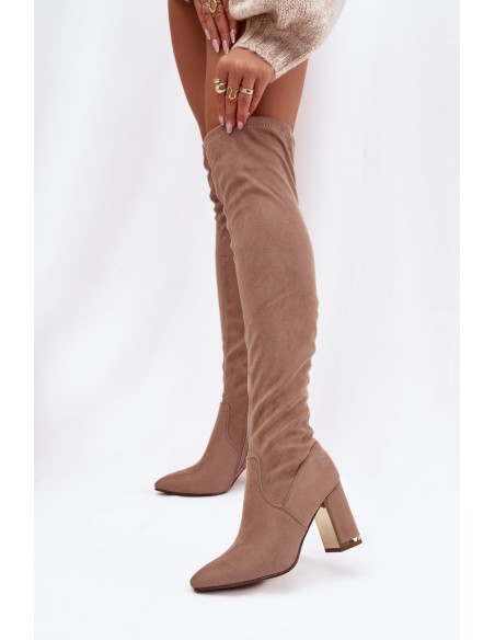 Women's Eco Suede Over Knee Boots on Heel Dark Beige Thamine