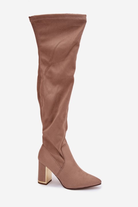 Women's Eco Suede Over Knee Boots on Heel Dark Beige Thamine
