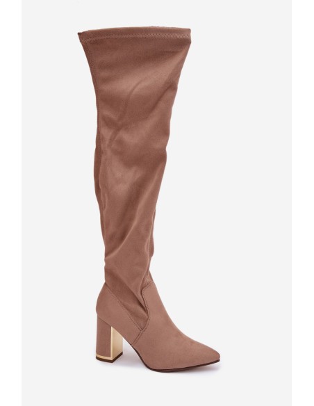 Women's Eco Suede Over Knee Boots on Heel Dark Beige Thamine