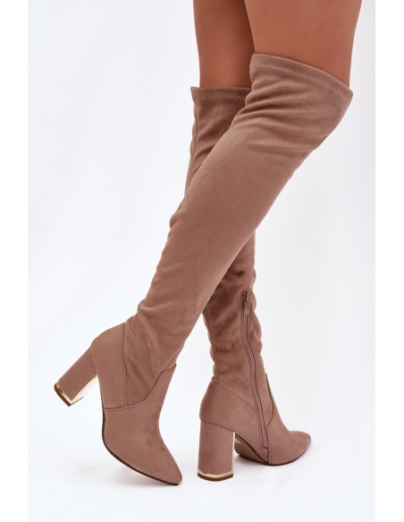 Women's Eco Suede Over Knee Boots on Heel Dark Beige Thamine
