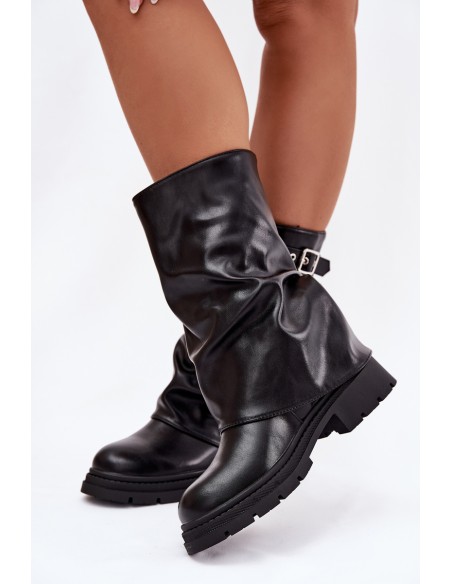 Women's Boots with Turned Shaft Lined with Buckles Black Salarie