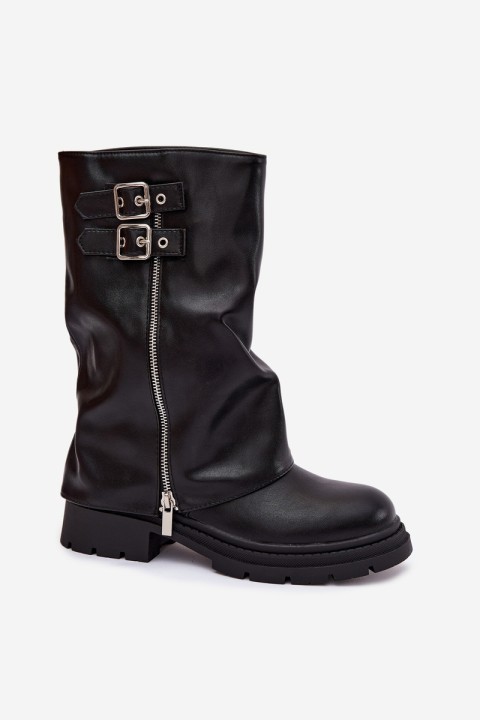Women's Boots with Turned Shaft Lined with Buckles Black Salarie