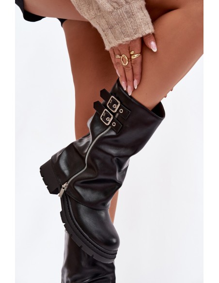 Women's Boots with Turned Shaft Lined with Buckles Black Salarie