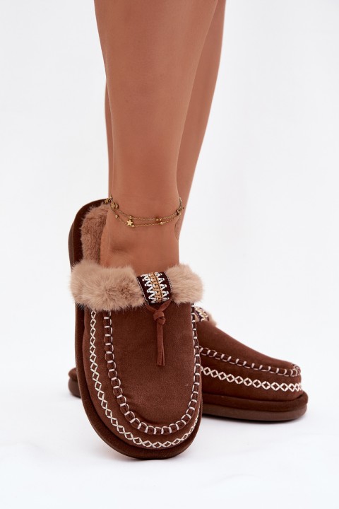 Women's slippers with fur and embroidery Brown Perivelle