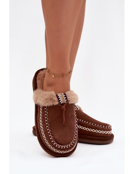 Women's slippers with fur and embroidery Brown Perivelle
