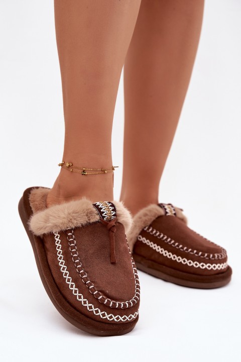 Women's slippers with fur and embroidery Brown Perivelle