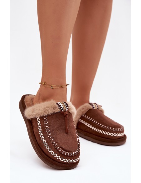 Women's slippers with fur and embroidery Brown Perivelle