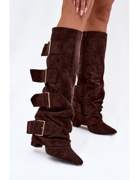 Women's High Heel Boots with Turned Top and Gold Clamps Eco Suede Chocolate Isavelle