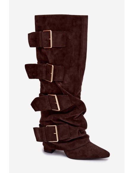 Women's High Heel Boots with Turned Top and Gold Clamps Eco Suede Chocolate Isavelle