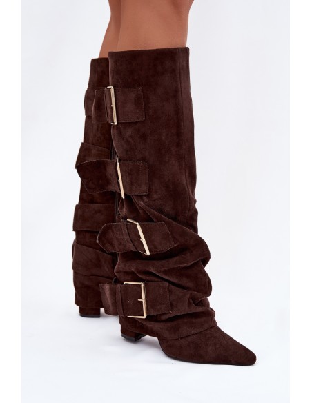 Women's High Heel Boots with Turned Top and Gold Clamps Eco Suede Chocolate Isavelle