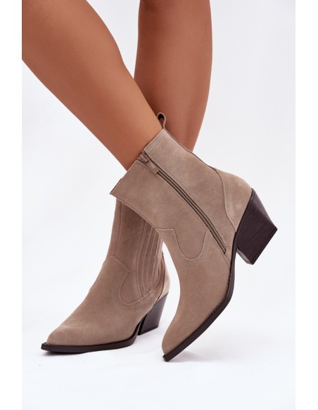 Suede Women's Cowboy Boots with Heel Lined Beige Dylira