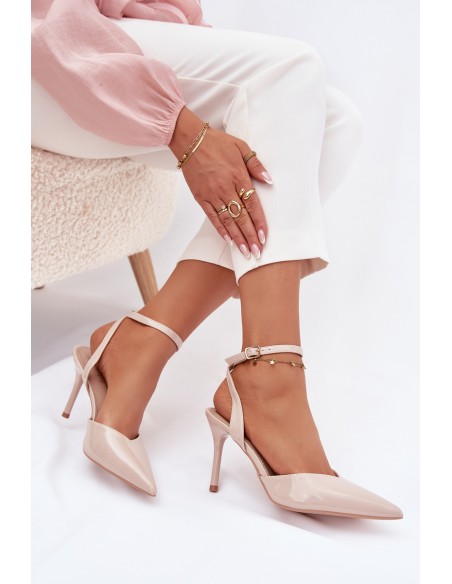 Lacquered High Heels with Open Heel Beige Laretta