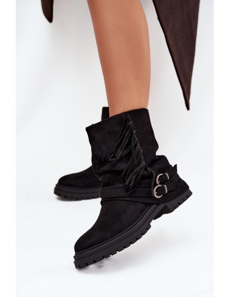 Insulated Women's Ankle Boots With Fringes And Claries On Flat Heel Black Helianne