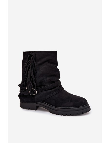 Insulated Women's Ankle Boots With Fringes And Claries On Flat Heel Black Helianne