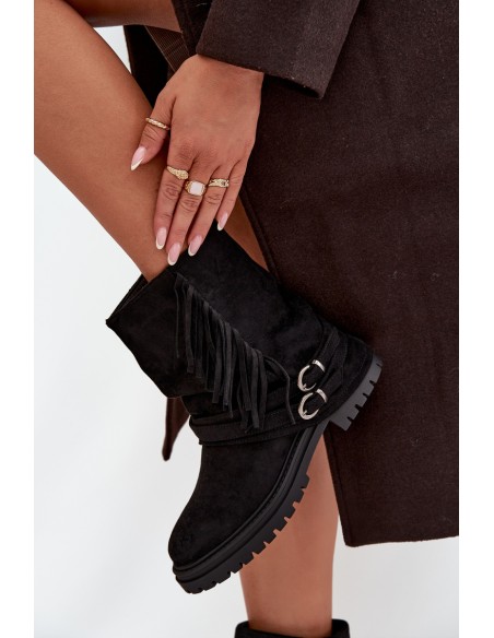 Insulated Women's Ankle Boots With Fringes And Claries On Flat Heel Black Helianne