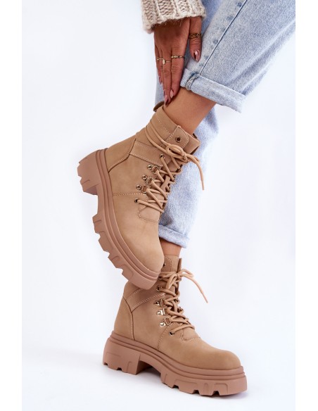 Leather Warm Lace-up Boots Beige Merisha