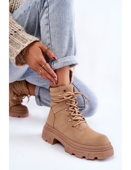 Leather Warm Lace-up Boots Beige Merisha